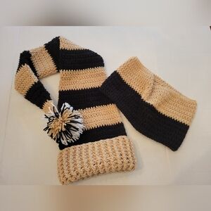Striped Knit Beanie Pom Pom Long Stocking Cap Hat Black Beige SET Cowl